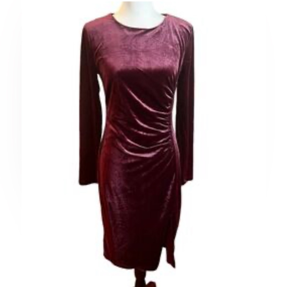 Love X Design Elegant Velvet Burgundy Side Ruched Midi Long Sleeve Dress M
